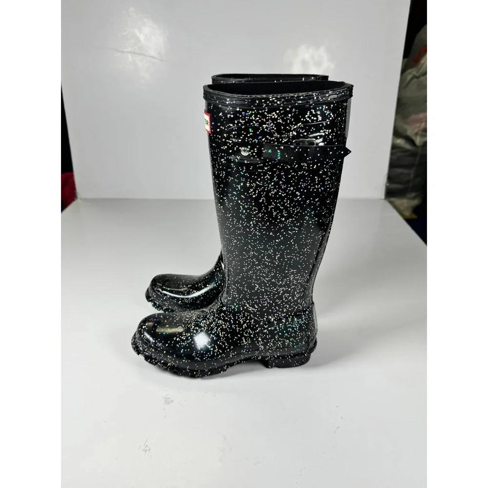 Hunter Girls US 4B Black Giant Glitter Round Toe Pull On Mid Calf Rain Boots